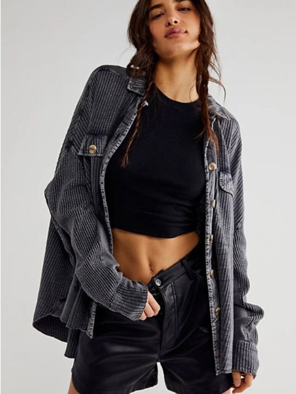 Free People FP One Scout Waffle Knit Oversized Jacket Charcoal Size XS